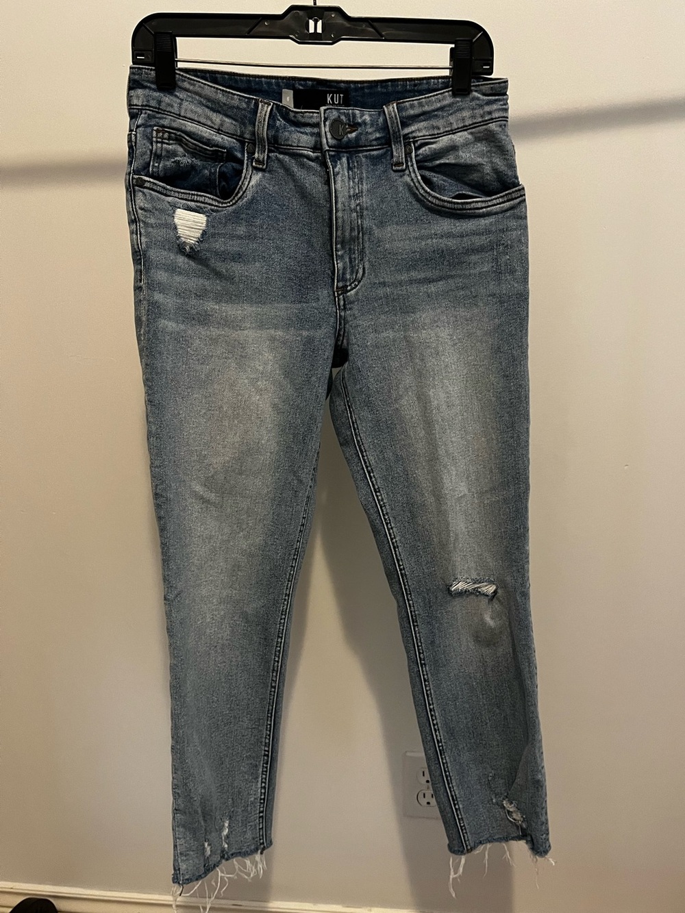 Kut from the Kloth Medium Blue Distressed High Rise Straight Leg Denim Jeans